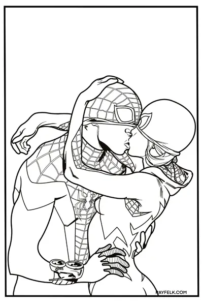 Miles Morales and Spider Gwen Kiss, rayfelk, spiderman coloring pages