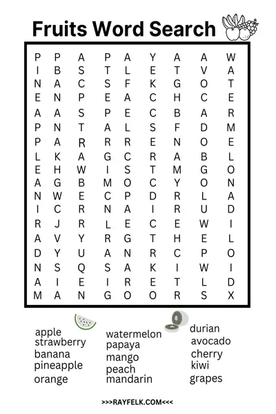 fruits word search puzzle, rayfelk, free word find printables
