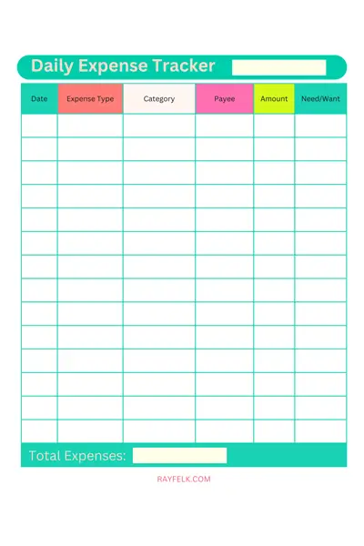 Daily Expense Tracker PDF Free Printable