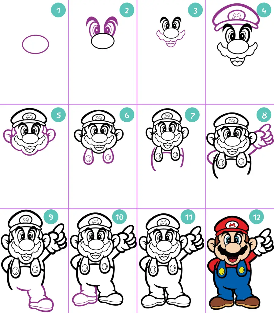 Step-by-step guide to draw Mario from Super Mario Brothers.