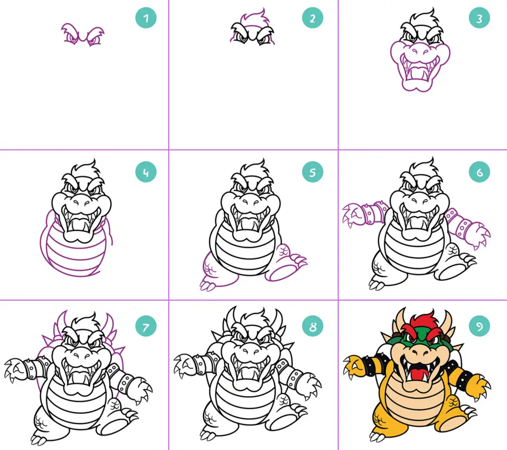 Step-by-step guide on how to draw wBowser, rayfelk