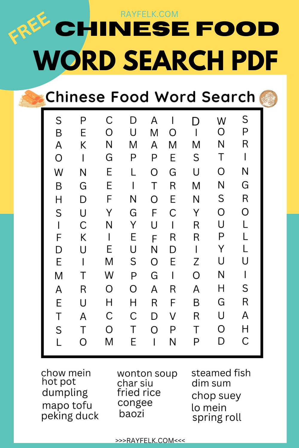 Chinese Food Word Search Free Printable PDF with Answer Key