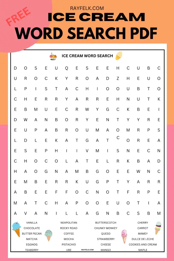 Ice Cream Word Search: Free Printable PDF with Answer Key