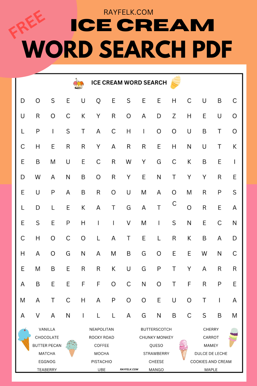 Ice Cream Word Search: Free Printable PDF with Answer Key